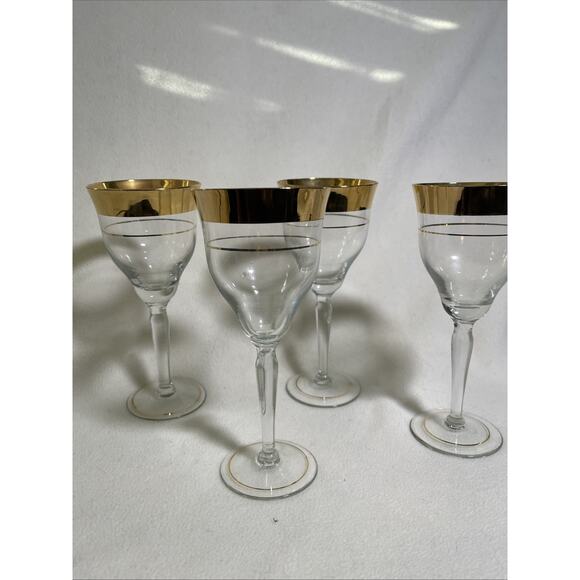 Golden Avitra Stemware 7 3/4" Wine Glass Goblet 1” 22KT Gold Band VTG Set 4 - Picture 1 of 7